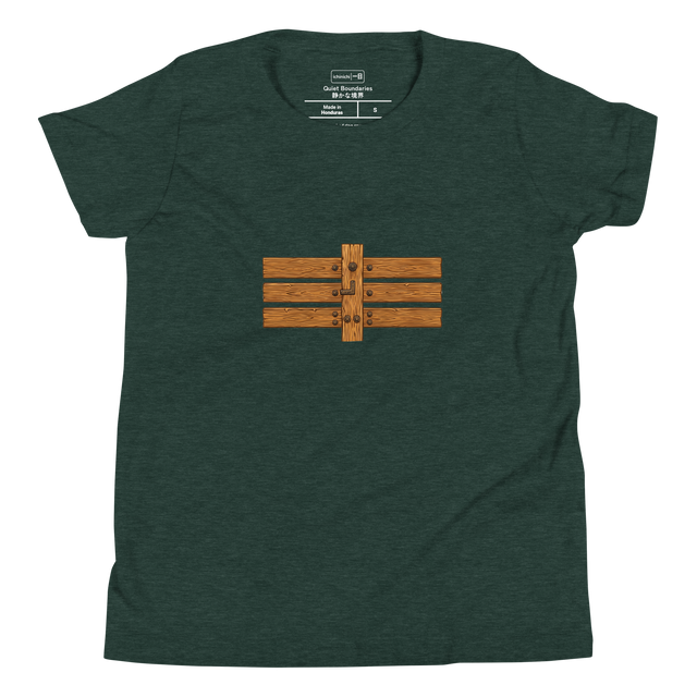 A close up woodcut graphic of horizontal wooden fence joints on a Youth T-Shirt.
