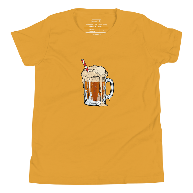 Modern marker illustration of a messy root beer float overflowing from a beer mug on a Youth T-Shirt.