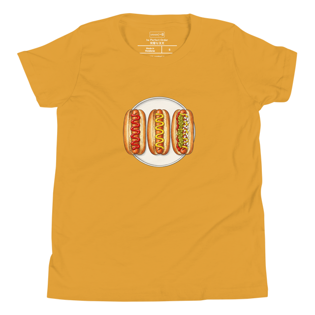Bird's-eye view illustration of three hot dogs with varying toppings in a color pencil style on a Youth T-Shirt.