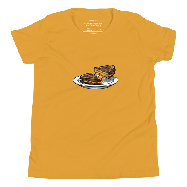 Youth T-Shirt featuring a cross-hatch ink illustration of a diagonally cut grilled cheese sandwich with stretching cheddar.