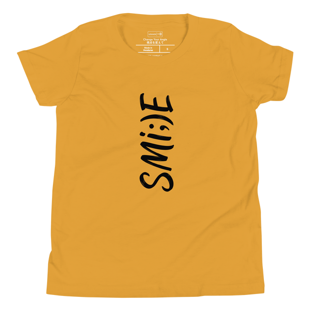 Black ink vertical typographic smile design on youth t-shirt.
