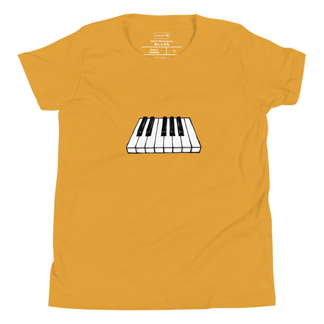 A high-contrast marker illustration of multiple black and white piano keys floating on a white youth short sleeve t-shirt.