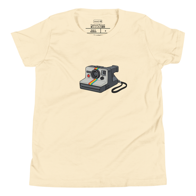 Marker illustration of a 1970s instant camera with a rainbow stripe and flash, centered on a Youth T-Shirt.