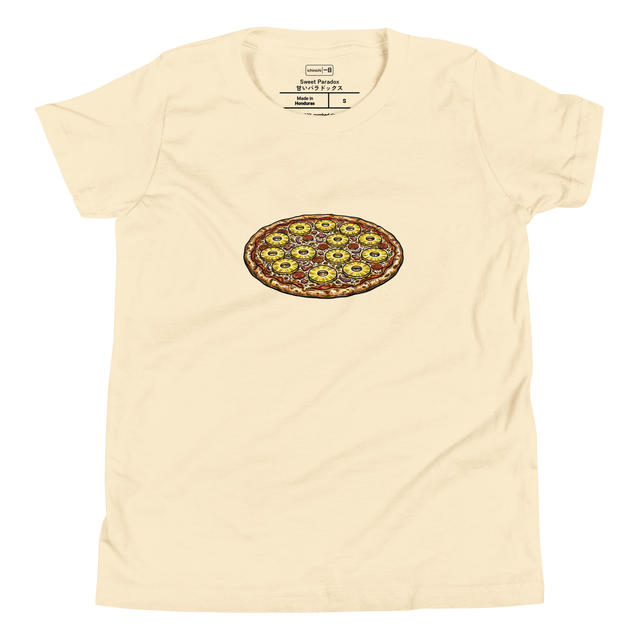 Minimalist marker illustration of a bird's eye view pizza with pineapple rings on a Youth T-Shirt.