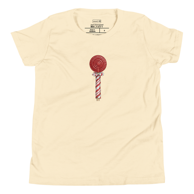 Playful color pencil illustration of a red lollipop on a Youth T-Shirt.