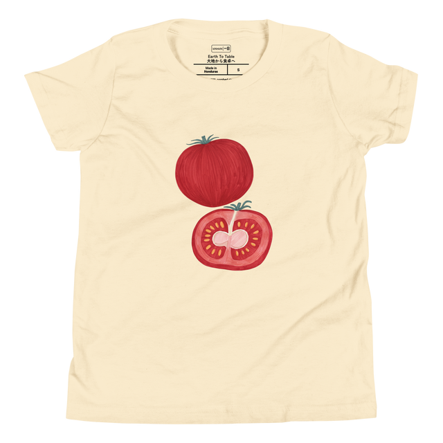 Descriptive graphic of a whole and sliced tomato in colored marker on a minimalist Youth T-Shirt.