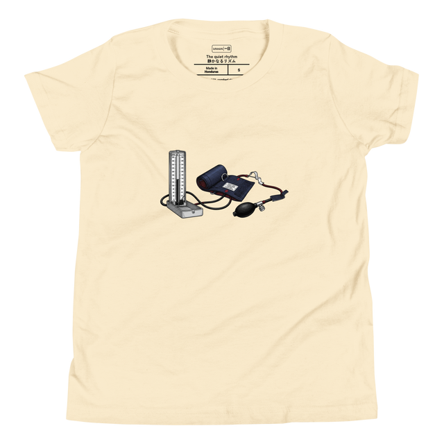 Youth T-Shirt displaying a cross-hatch ink illustration of an analog medical sphygmomanometer with a rubber bulb and gauge.