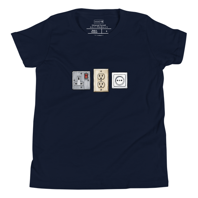 Educational marker style graphic of international plugs on a Youth T-Shirt.