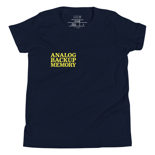 Analog Backup Memory weathered light yellow typography woodcut stamp on a youth t-shirt