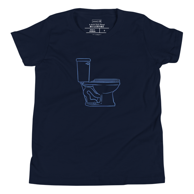 Side profile illustration of a toilet drawn with clean blue brush lines on a minimalist youth t-shirt.