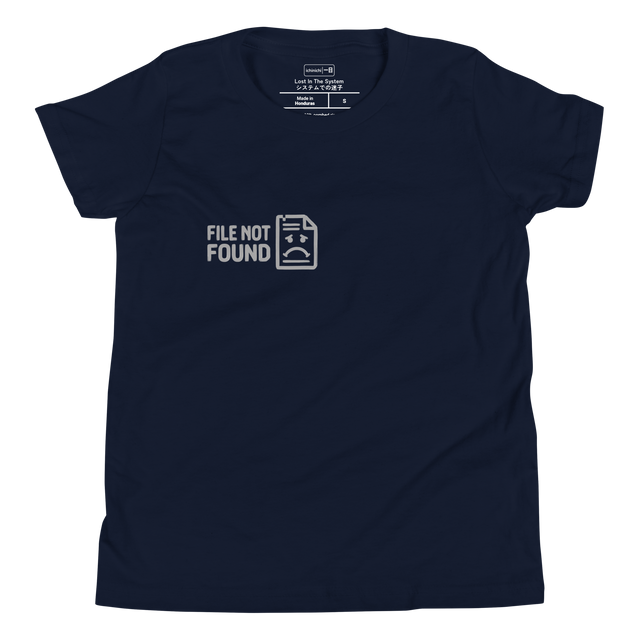 A minimalist light grey line drawing of a frowning computer document and MS-DOS text printed on a Youth T-Shirt.