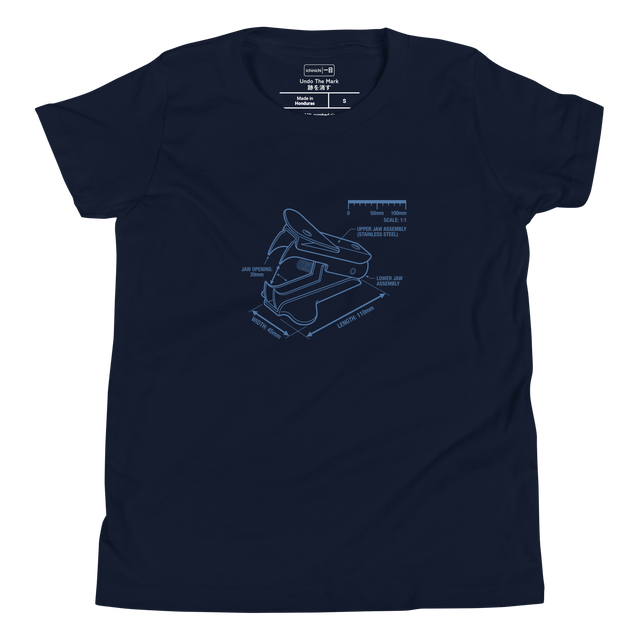 A blueprint illustration of a staple remover on a youth short sleeve t-shirt.