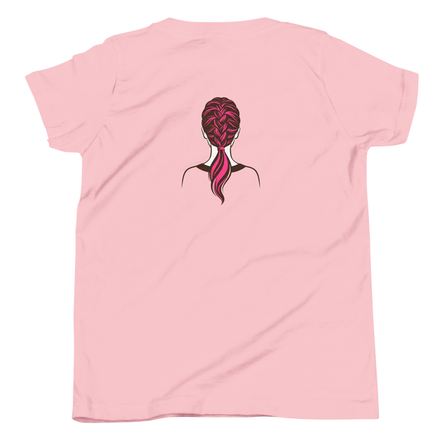 Dark brown and bright pink brush pen french braid on the back of a Youth T-Shirt.
