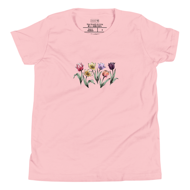 Colorful ink wash tulip illustration for children on a Youth T-Shirt.