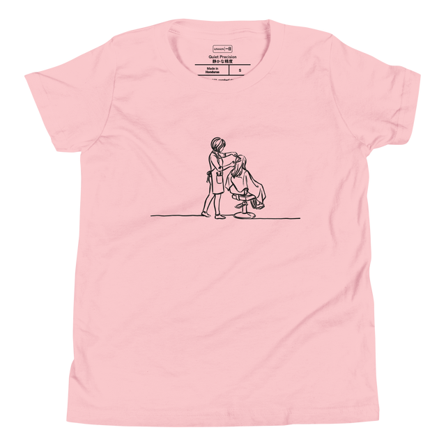 Minimalist black line drawing of a hairdresser and patron silhouette on a Youth T-Shirt.