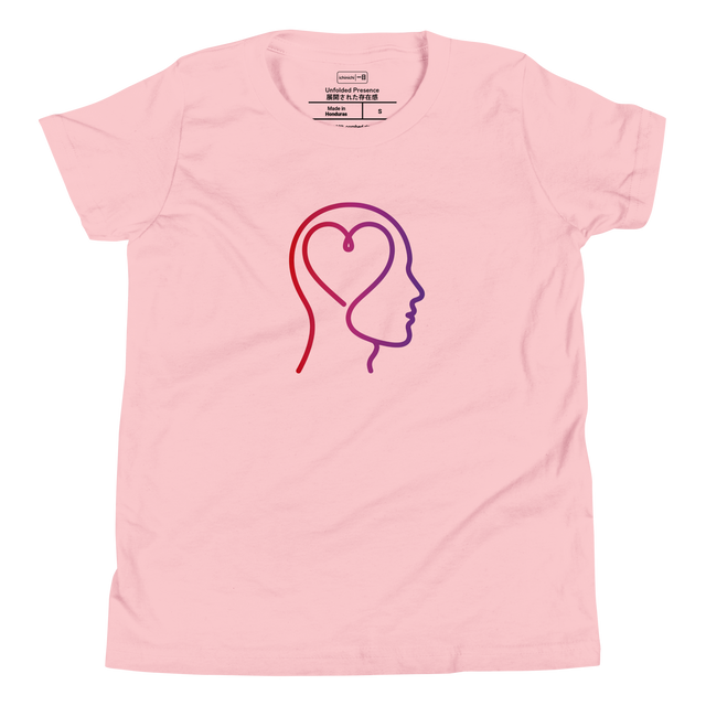 Minimalist gradient line graphic of a heart and profile on a Youth T-Shirt.