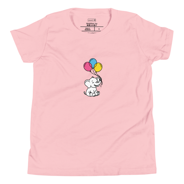 Minimalist youth t-shirt featuring pop art line illustration of a baby elephant with pink, blue, and yellow balloons.