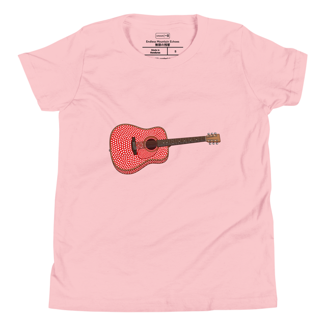 Clean brush stroke illustration of an acoustic guitar covered in avant-garde red and white dots on a Youth T-Shirt.