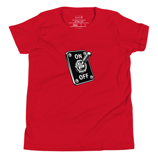 A black and white graphic of an ON/OFF switch printed on a flat Youth T-Shirt.