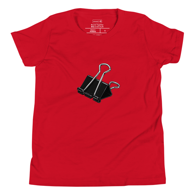 Hand-drawn style marker illustration of a large binder clip on a comfortable Youth T-Shirt.