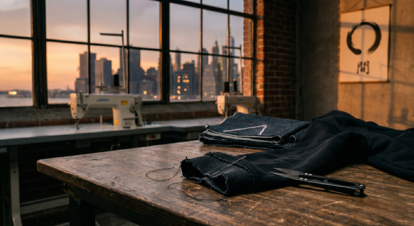 Raw-edged black fabric and thread on a worn wooden workbench in a Brooklyn loft at dusk.