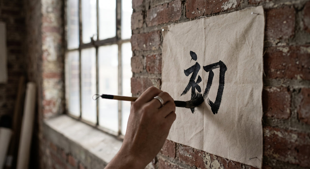 Close-up of a designer's hand applying raw black ink with a brush to unbleached cotton fabric, pinned to a weathered brick wall.