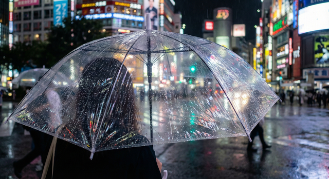 Close up of a clear vinyl umbrella covered in rain droplets on a Tokyo street at night, reflecting blurred neon city lights through the plastic.
