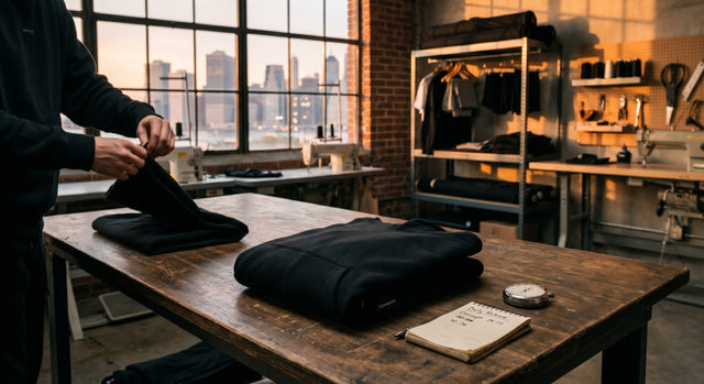 Hands folding a black hoodie on a wooden table in a gritty Brooklyn studio at sunset with a stopwatch.