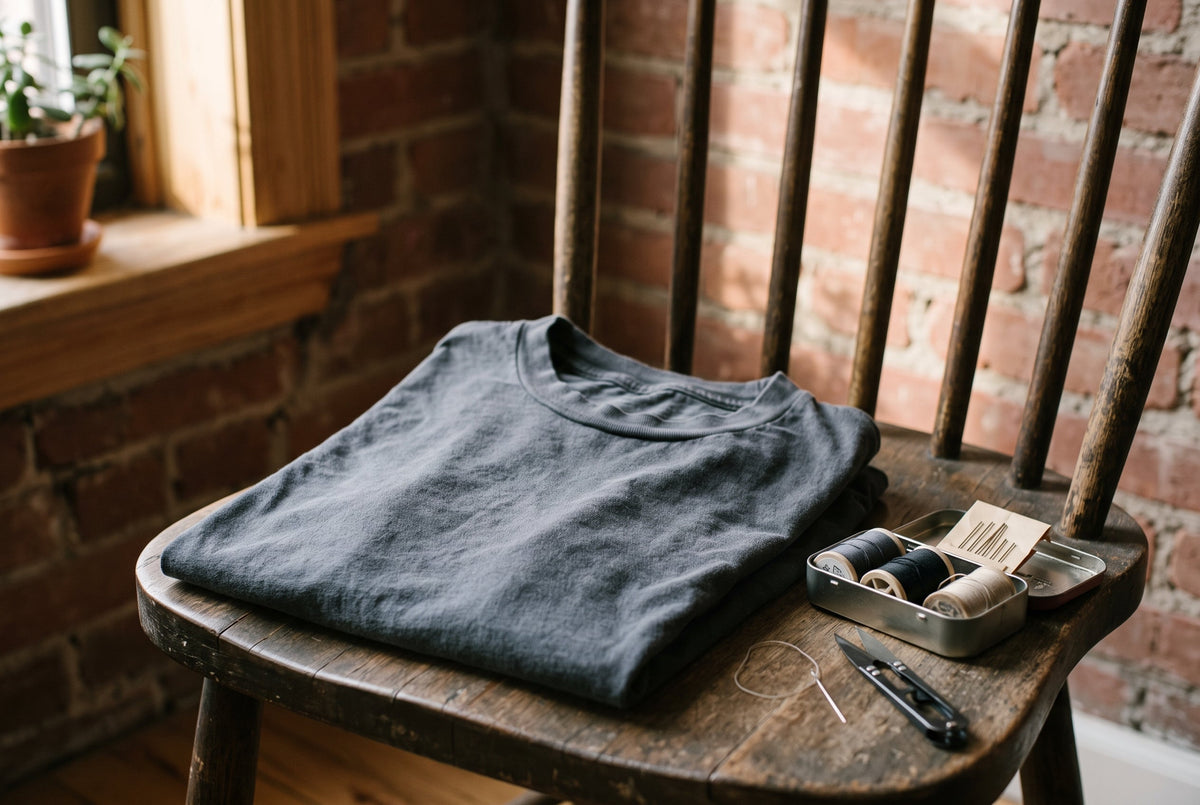 A faded cotton tee folded beside a sewing kit on a worn wooden chair.