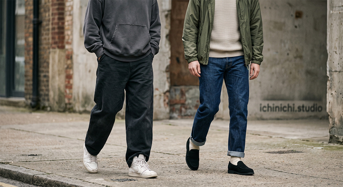 Minimalist street style image focusing on the balance of oversized hoodie and wide pants.