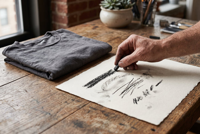 A hand draws uneven charcoal marks on cream paper beside a folded plain cotton tee.