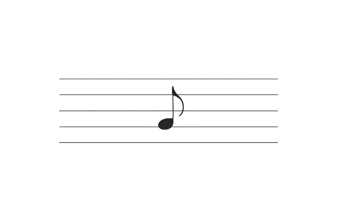 Minimalist sheet music with one note and surrounding empty space.