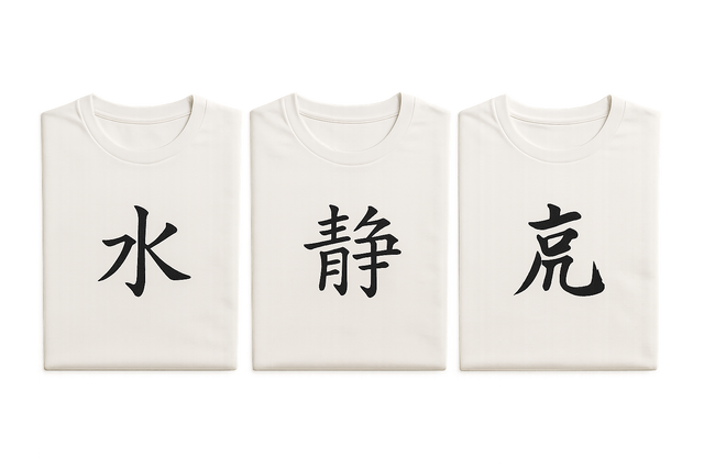Flat lay of three minimalist T-shirts with different kanji symbols folded on a clean background.