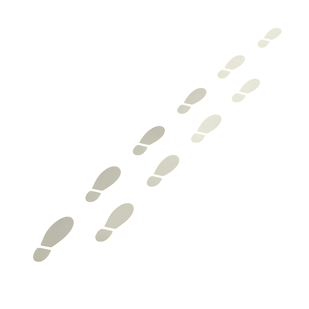 Minimalist footsteps repeating in rhythm, fading into muted background.