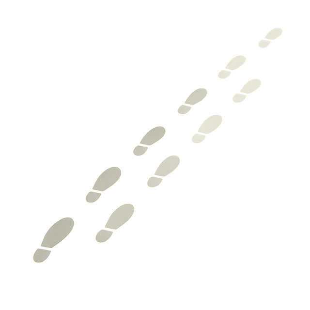 Minimalist footsteps repeating in rhythm, fading into muted background.