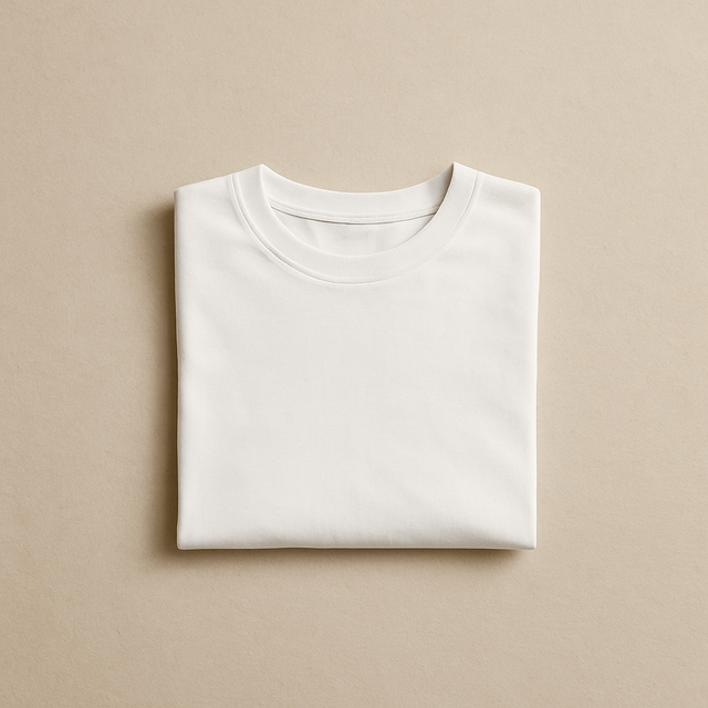 Minimalist folded white T-shirt on beige surface with soft light and open space.