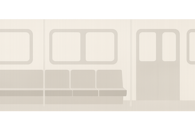Minimalist subway interior with repeating windows and seats.