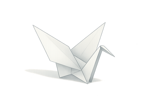 Minimalist origami paper crane resting against pale background.