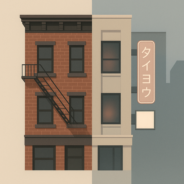 Minimalist cityscape blending Brooklyn fire escapes and Tokyo neon in balanced composition.