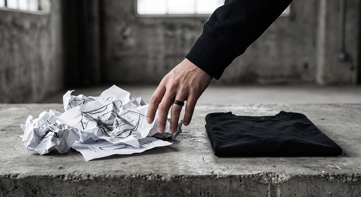 A hand rests on a concrete surface between a pile of crumpled paper and a neatly folded black shirt.