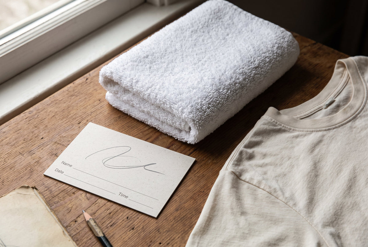 A folded towel, a blank appointment card, and a pencil sketch rest beside a cream cotton tee.