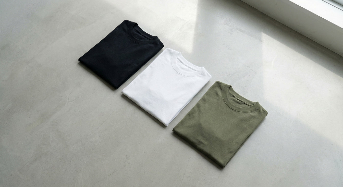 A diagonal flat lay of three folded cotton t-shirts in black, white, and olive green arranged on a concrete background.