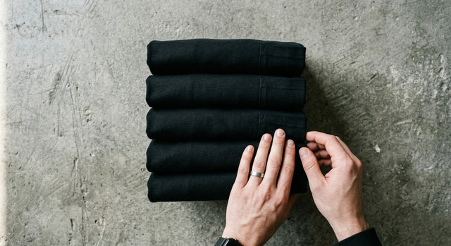 A close-up of a perfectly folded stack of minimalist black streetwear t-shirts on raw concrete, showing the calm power of repetition.