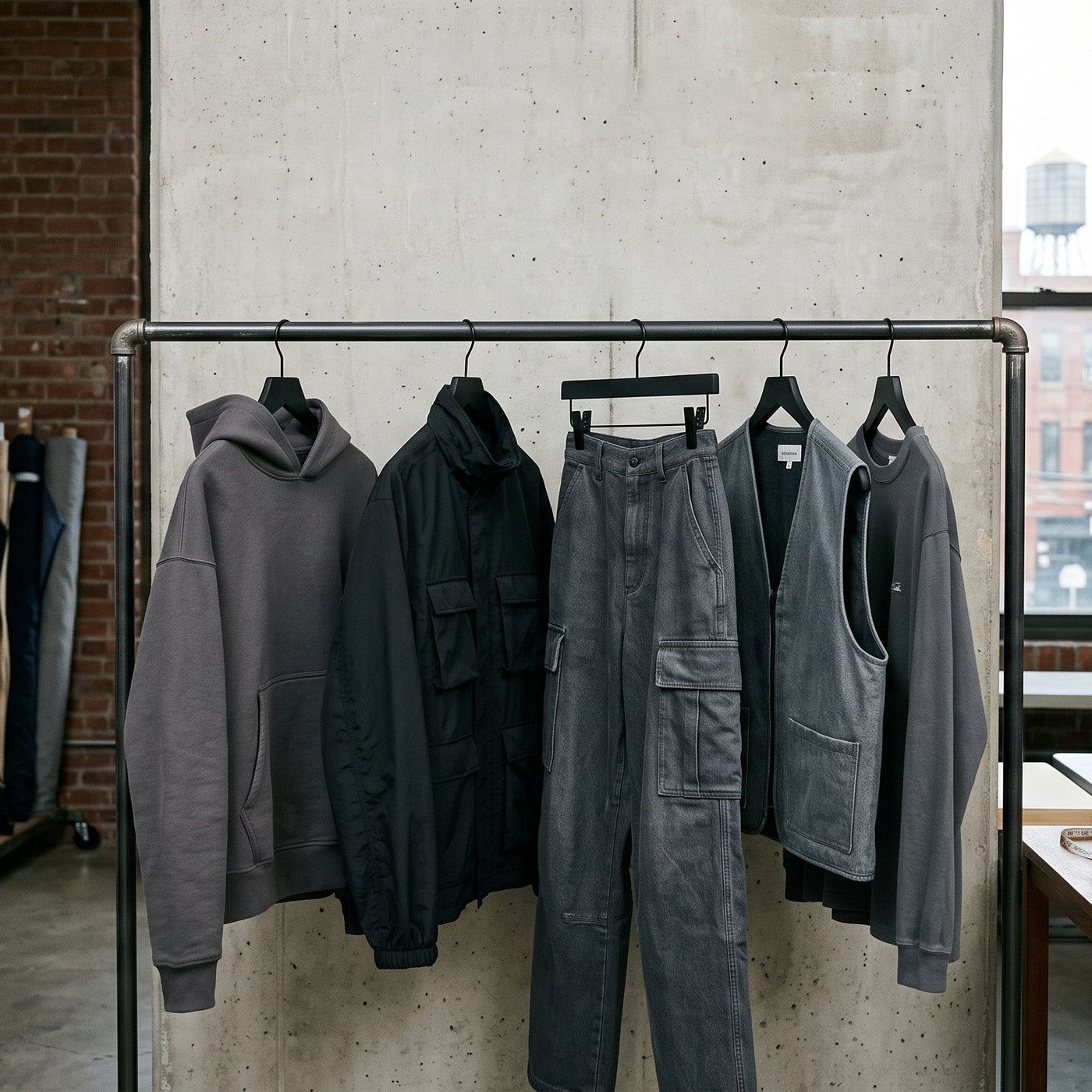 A minimalist streetwear rack featuring charcoal and black garments in a sunlit Brooklyn design studio.