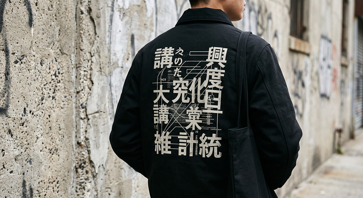 A close-up on a minimalist outfit featuring a single bold, detailed typographic back-print against textured concrete.