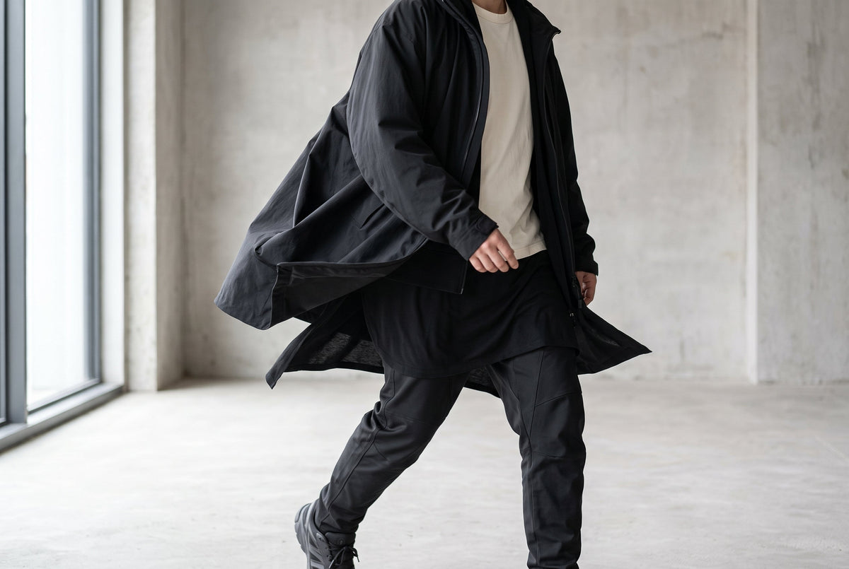 An adult in unbranded black layers steps across a pale concrete floor in side light.
