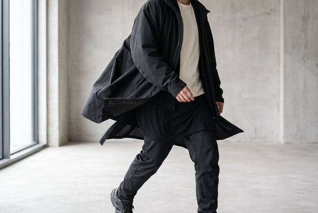 An adult in unbranded black layers steps across a pale concrete floor in side light.