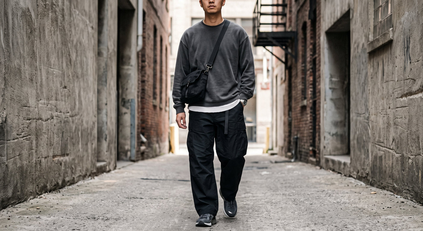 Close-up of layered monochrome streetwear outfit in an urban alley.