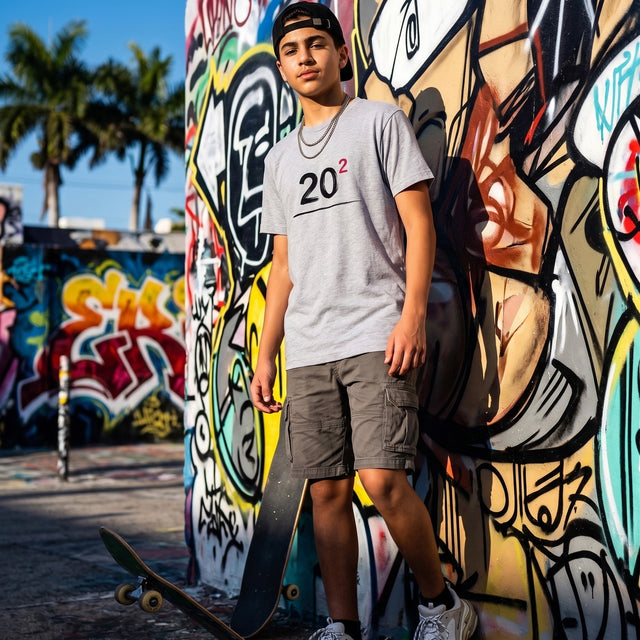 Person holding a skateboard in front of a graffiti-covered wall