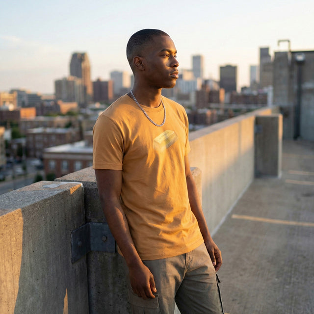 Man in a yellow shirt standing on a rooftop with a cityscape in the background